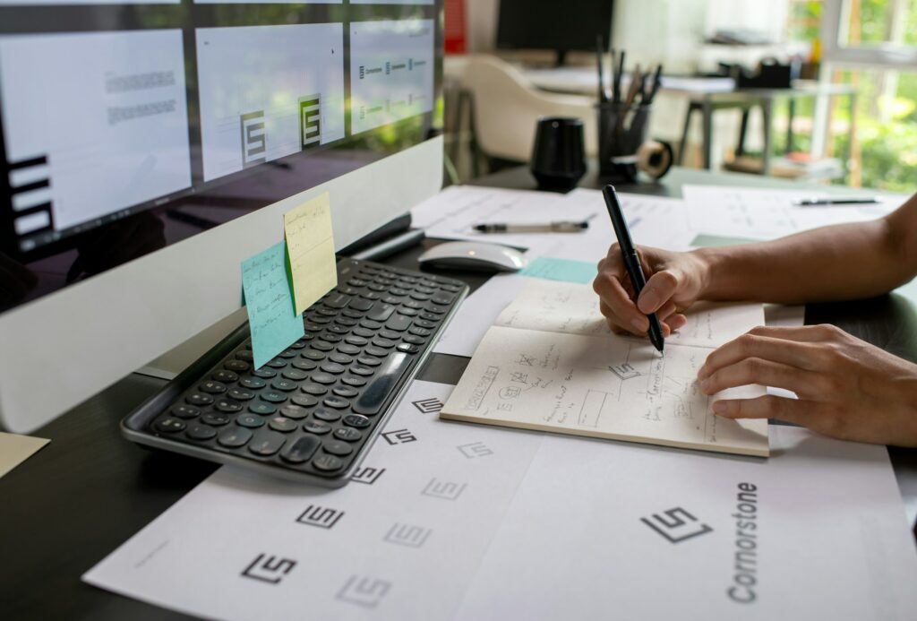 Graphic designer drawing sketches logo design.
